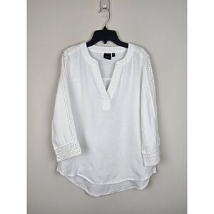 Rafaella Women's Tunic 100% Linen V neck 3/4 Crochet Sleeve Boho top Sz SP